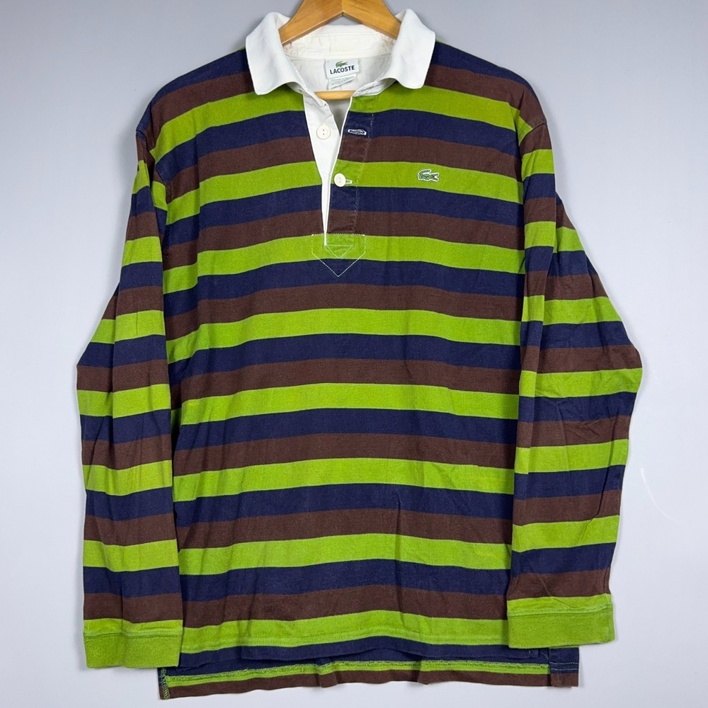 Vintage Lacoste Striped Rugby Polo Shirt Mens Large Cotton Green Brown Navy Prep